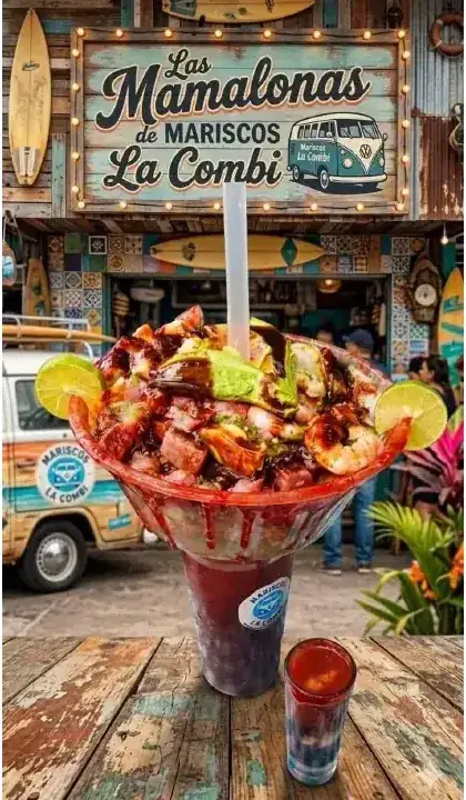 La Mamalona frente al letrero de Mariscos La Combi
